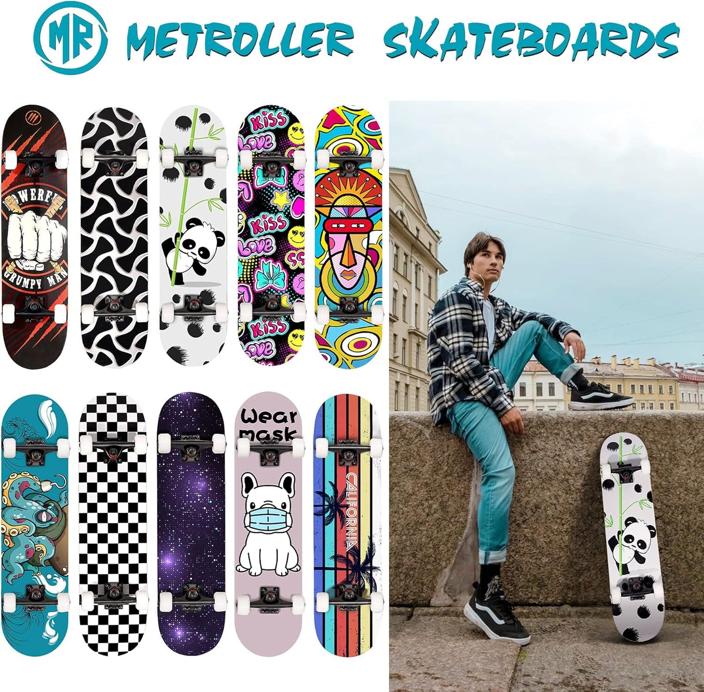 Skateboards for Beginners,31 X 8 Complete Standard Skate Boards for Girls Boys, 7 Layer Canadian Maple Double Kick Concave Skateboard for Kids Youth Teens Adults