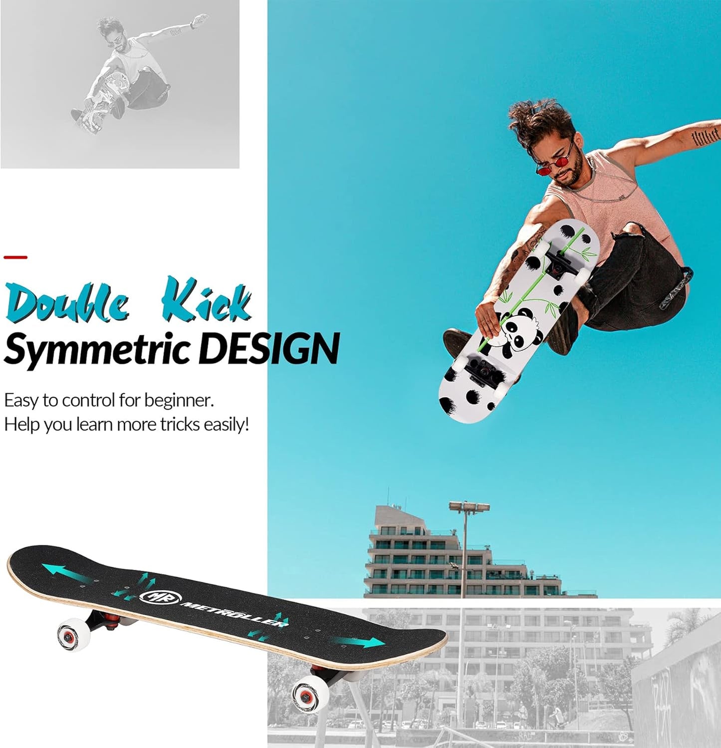 Skateboards for Beginners,31 X 8 Complete Standard Skate Boards for Girls Boys, 7 Layer Canadian Maple Double Kick Concave Skateboard for Kids Youth Teens Adults