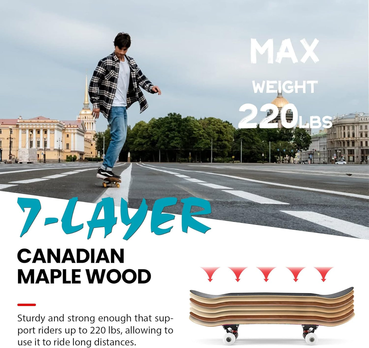 Skateboards for Beginners,31 X 8 Complete Standard Skate Boards for Girls Boys, 7 Layer Canadian Maple Double Kick Concave Skateboard for Kids Youth Teens Adults