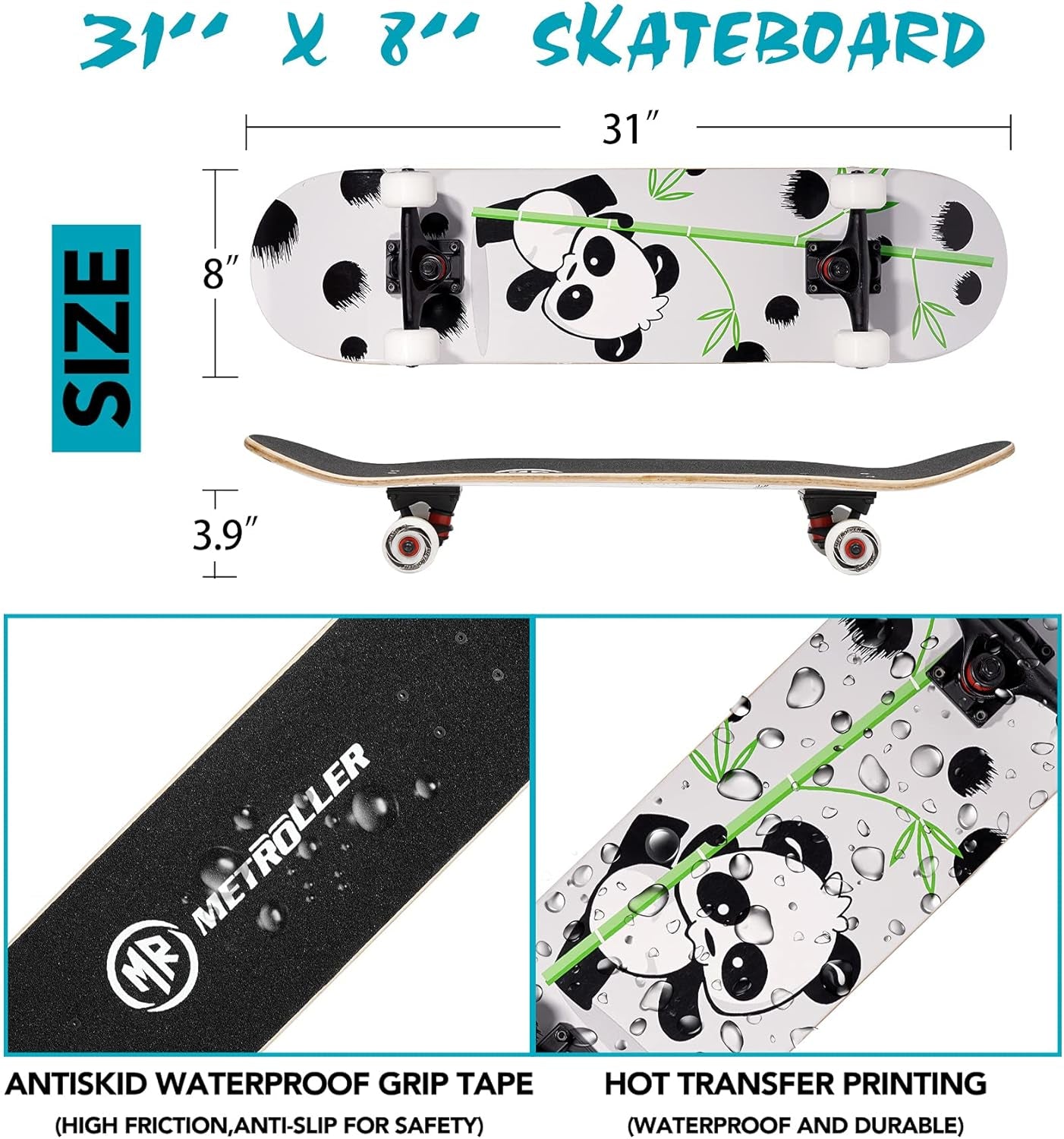 Skateboards for Beginners,31 X 8 Complete Standard Skate Boards for Girls Boys, 7 Layer Canadian Maple Double Kick Concave Skateboard for Kids Youth Teens Adults